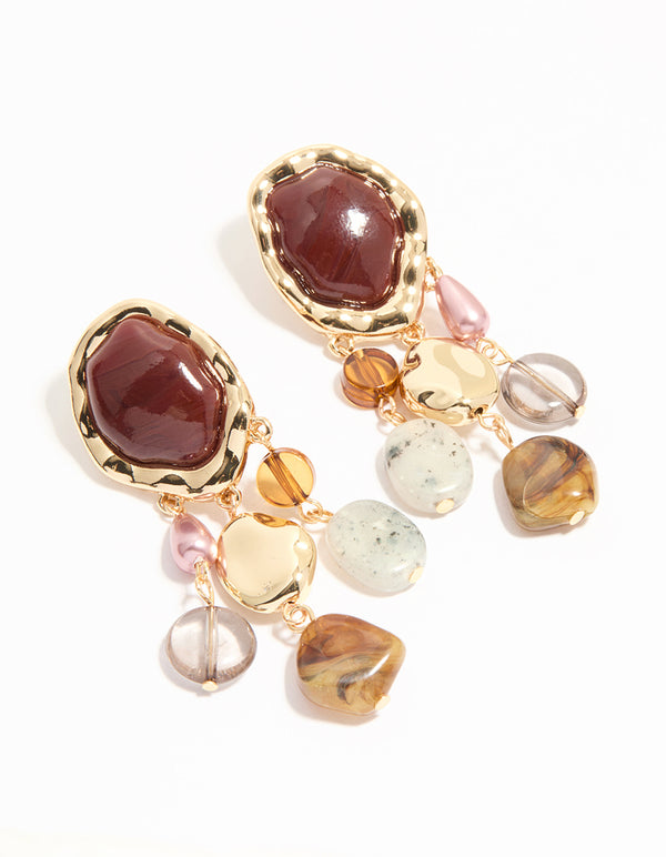 Gold Triple Molten Stone Drop Earrings