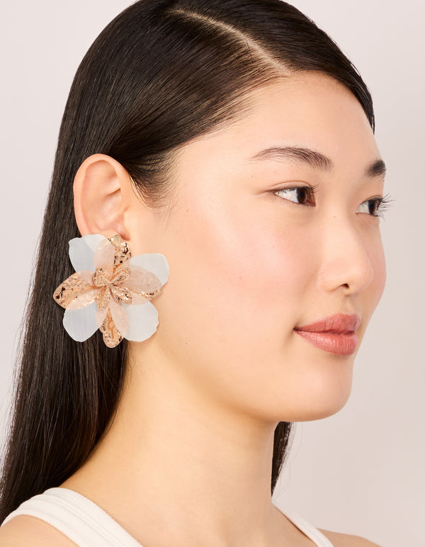 Gold White Fabric Flower Drop Earrings