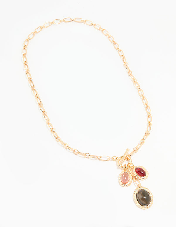 Gold Green Red & Pink Gemstone Charm Necklace
