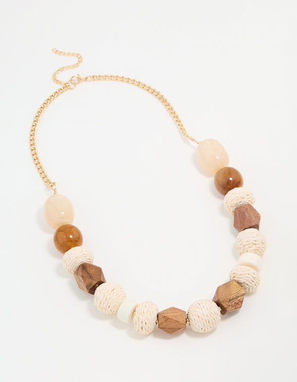 Gold White Raffia & Wood Textured Ball Necklace