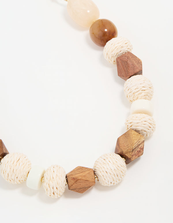 Gold White Raffia & Wood Textured Ball Necklace