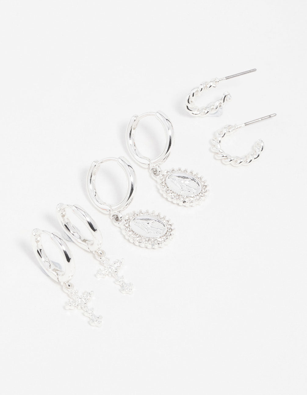Silver Diamante Cross Huggie Earrings 3-Pack