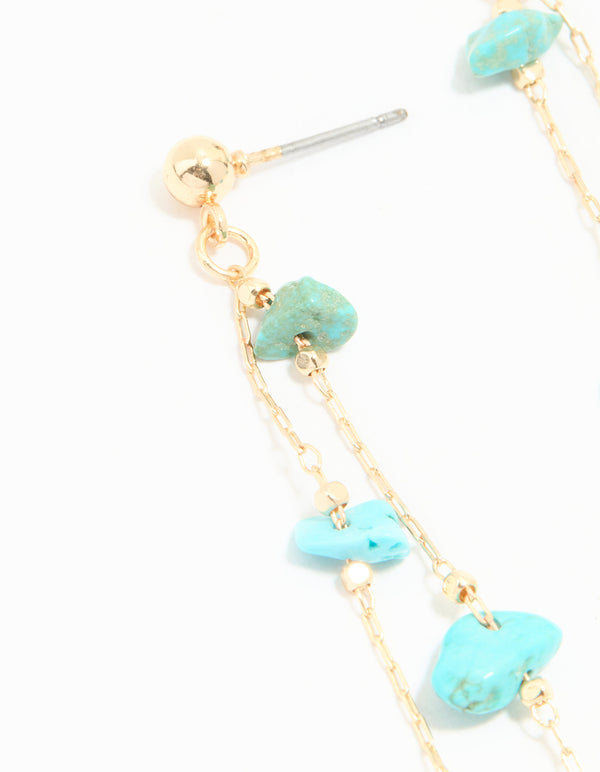 Gold Blue Semi Precious Stone Statement Chain Drop Earrings
