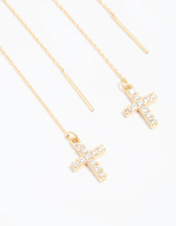 Gold Cubic Zirconia Cross Threader Earrings
