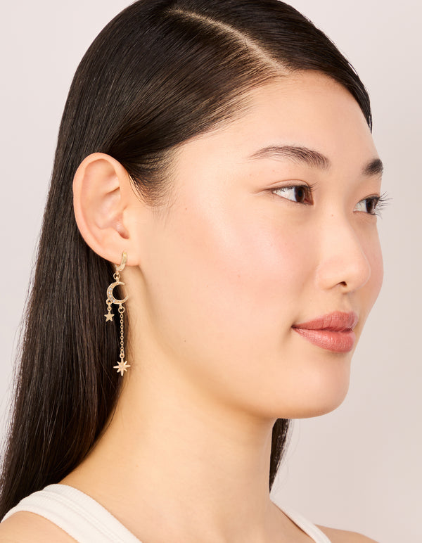 Gold Diamante Celestial Chain Drop Huggie Earrings