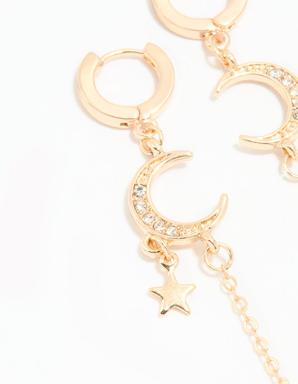 Gold Diamante Celestial Chain Drop Huggie Earrings