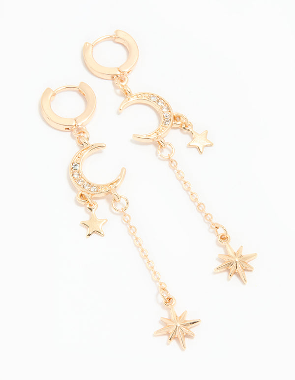 Gold Diamante Celestial Chain Drop Huggie Earrings