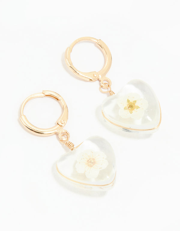 Gold Acrylic Flower Centre Heart Huggie Earrings