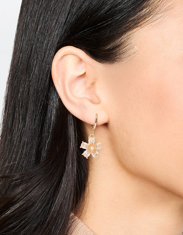 Gold Cubic Zirconia Flower Huggie Earrings