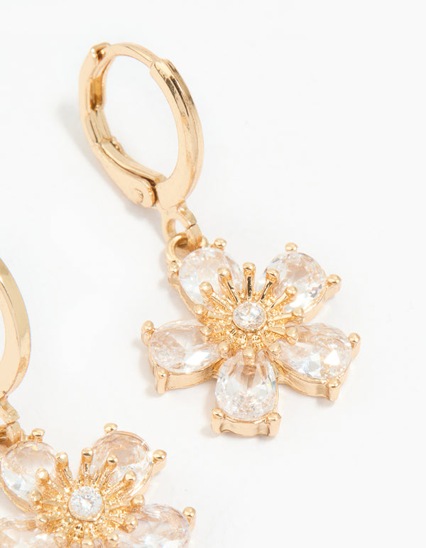 Gold Cubic Zirconia Flower Huggie Earrings