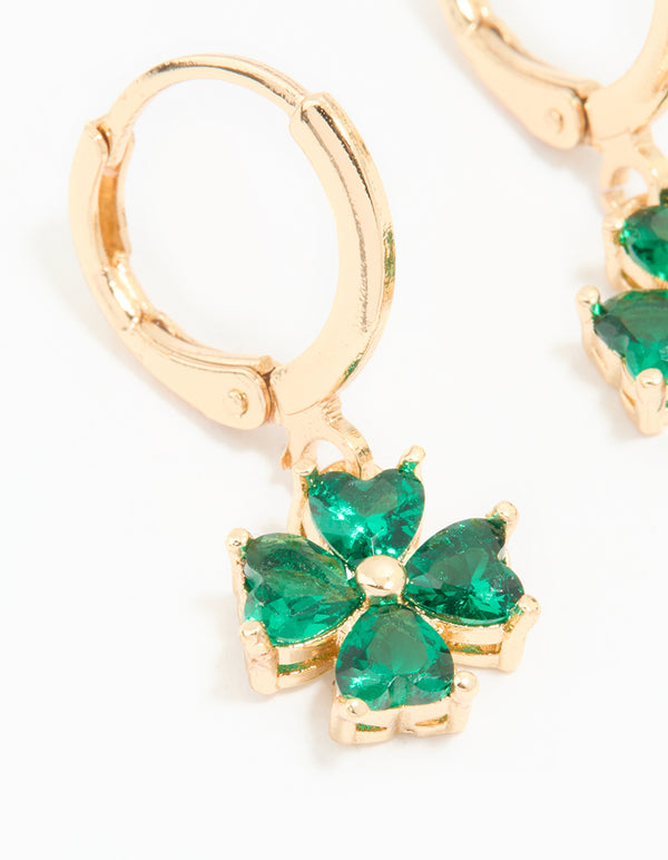 Gold Green Cubic Zirconia Lucky Clover Huggie Earrings