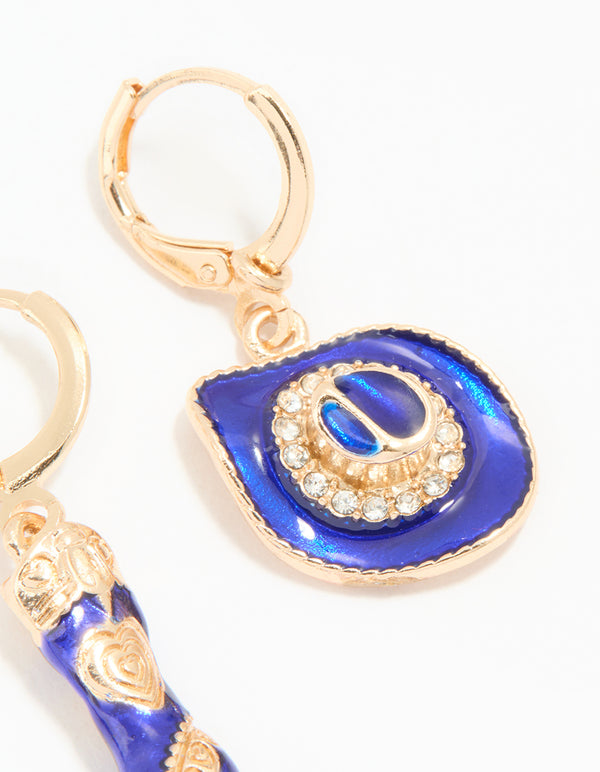 Gold Blue Enamel Mixed Cowgirl Huggie Earrings