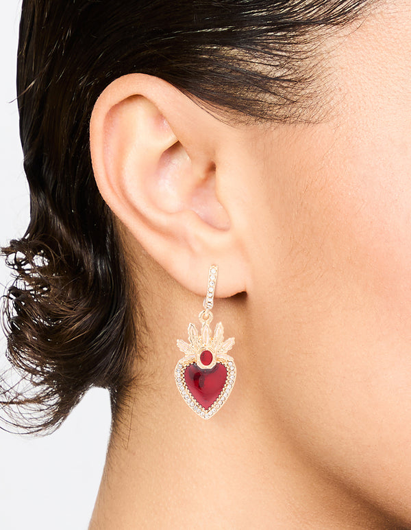 Gold Red Enamel Flaming Heart Huggie Earrings