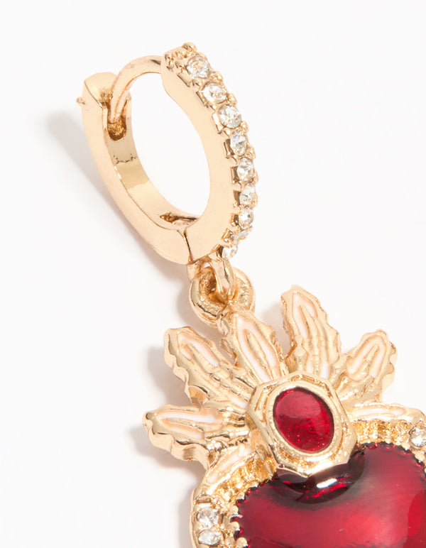 Gold Red Enamel Flaming Heart Huggie Earrings