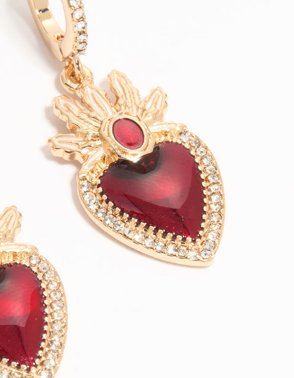Gold Red Enamel Flaming Heart Huggie Earrings