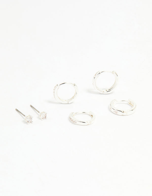 Silver Cubic Zirconia Celestial & Classic Huggie Earrings 3-Pack