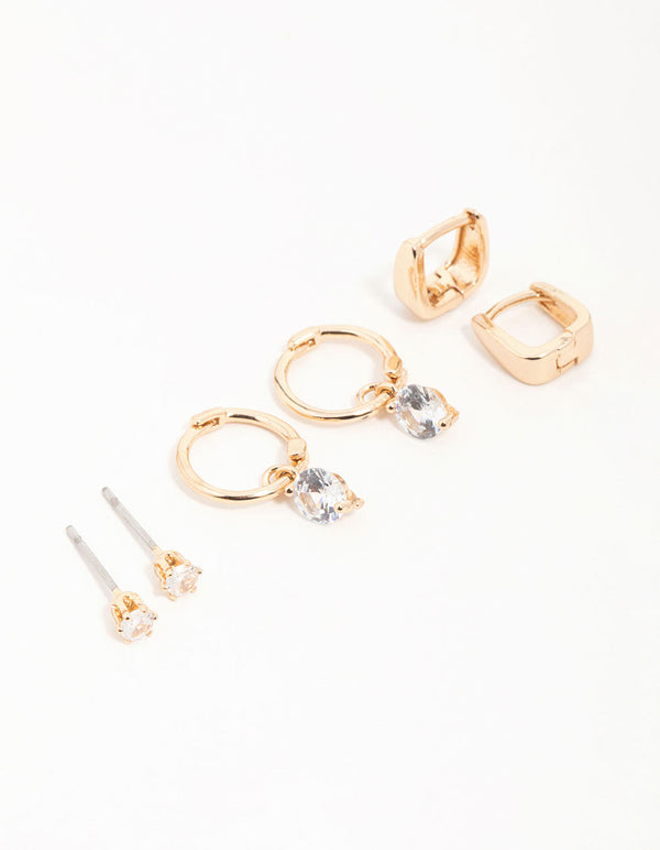 Gold Cubic Zirconia Huggie & Stud Earrings 3-Pack
