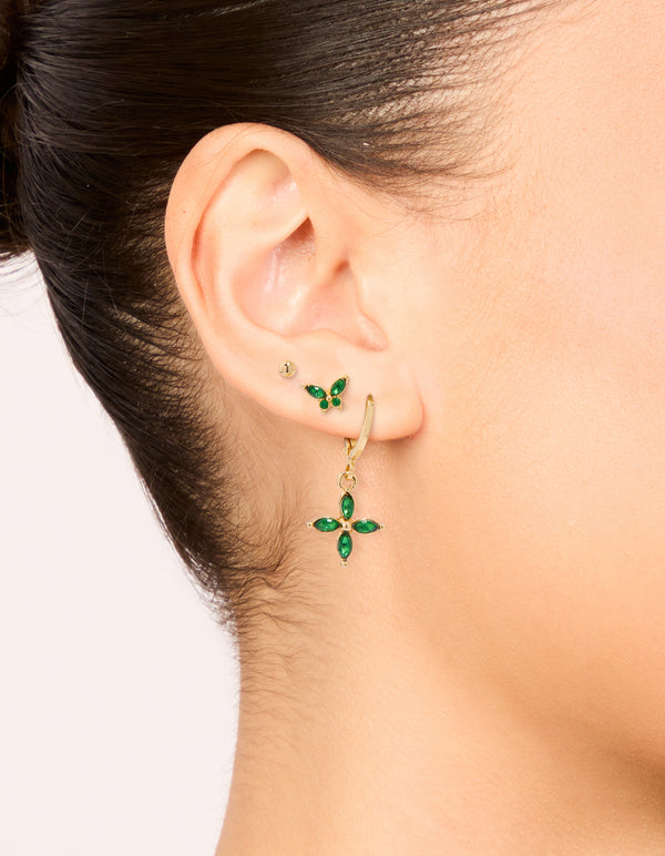 Gold Green Diamante Butterfly & Cross Mixed Stud Earrings 3-Pack
