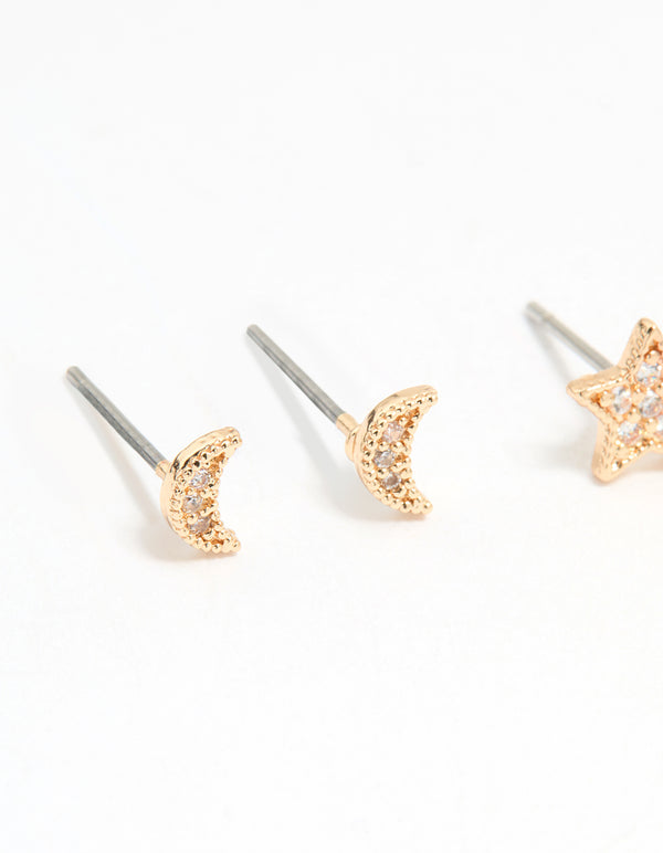 Gold Cubic Zirconia Celestial Drop & Stud Earrings 3-Pack