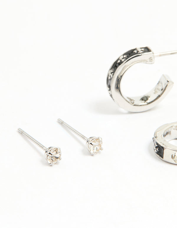 Silver Cross & Heart Stud & Huggie Earring Pack