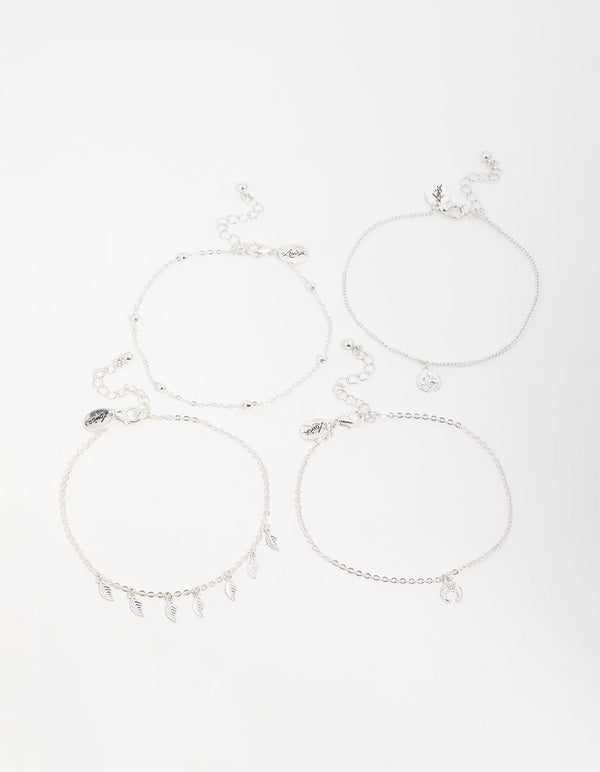 Antique Silver Leaf & Station Anklets 4-Pack