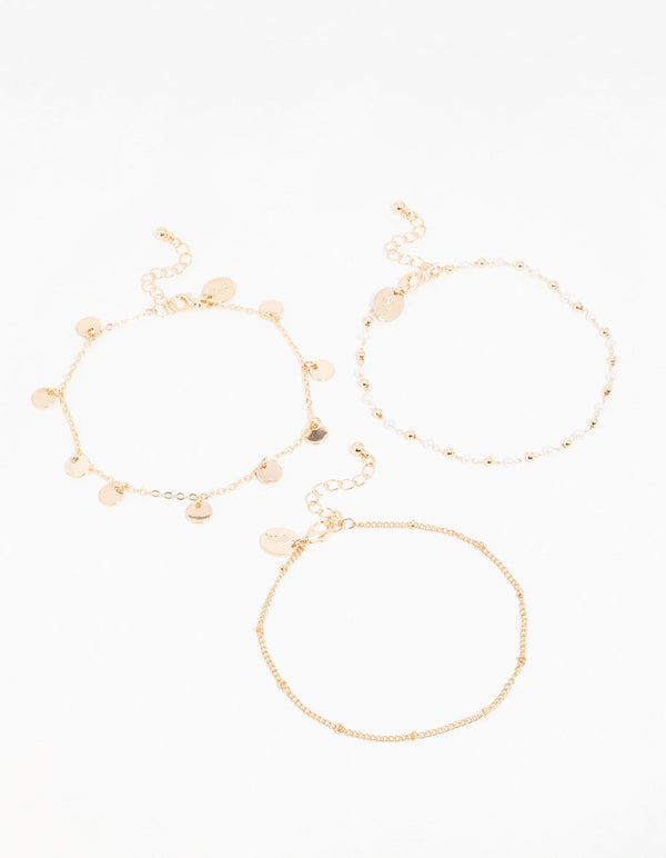 Gold Pearl Disc & Twisted Anklets 3-Pack