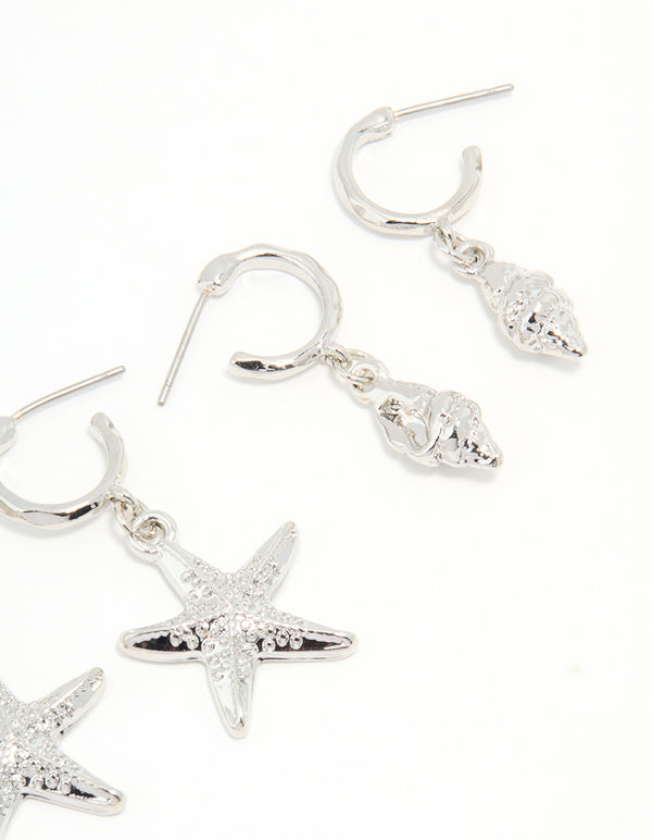 Silver Starfish & Shell Earrings 3-Pack