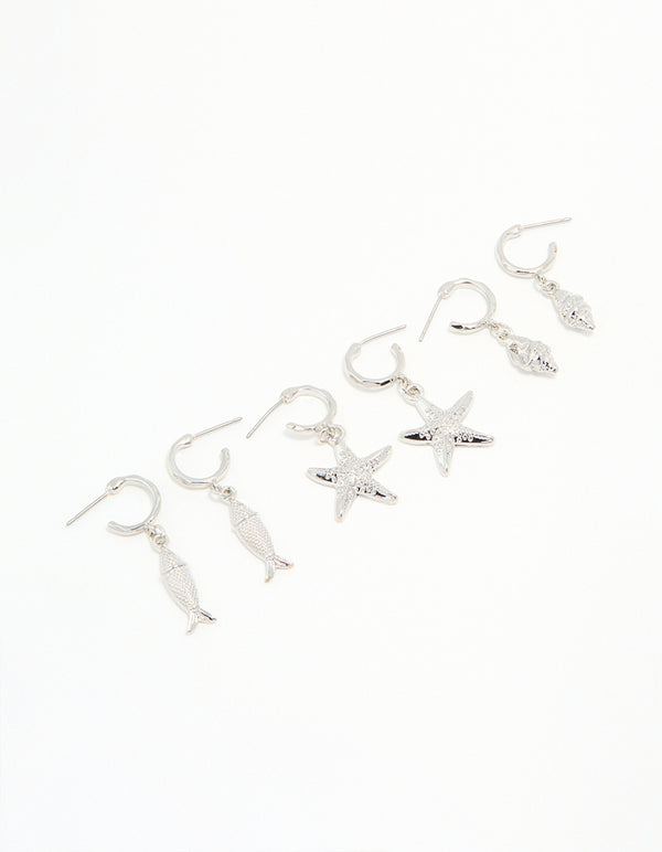 Silver Starfish & Shell Earrings 3-Pack