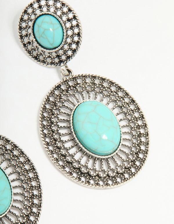 Antique Silver Turquoise Double Circle Net Drop Earrings