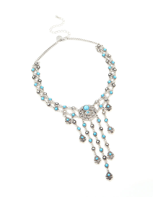 Antique Silver Turquoise Molten Layered Drop Necklace