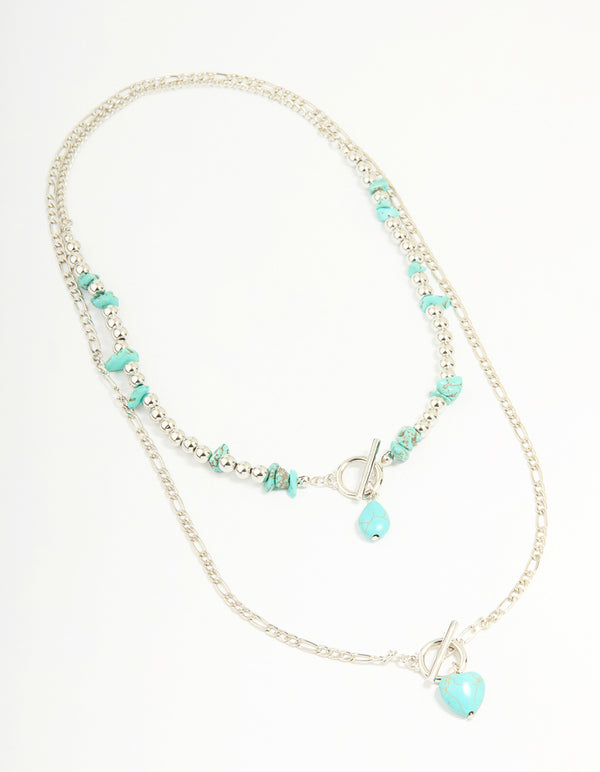 Antique Silver Turquoise T-Bar Heart Layered Necklace