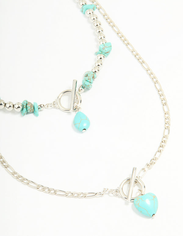 Antique Silver Turquoise T-Bar Heart Layered Necklace