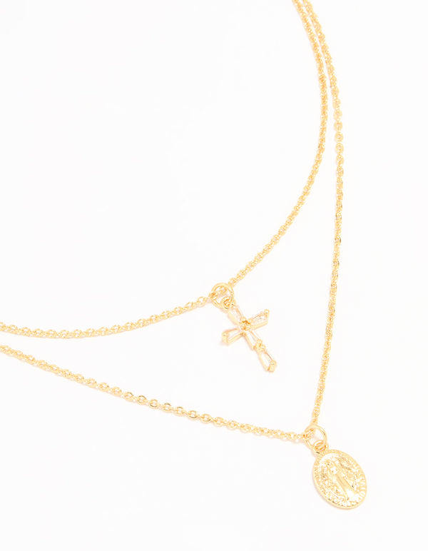 Gold Plated Cross & Mary Layered Necklace