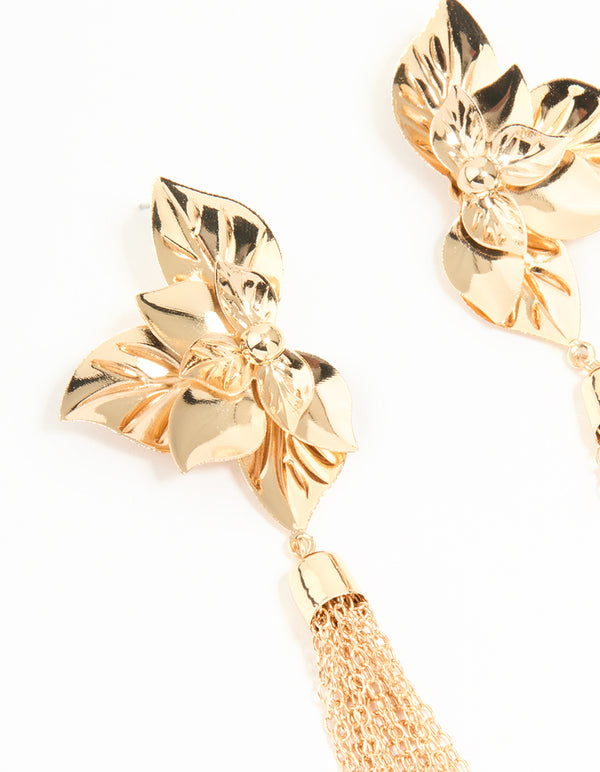 Gold Orchid Tassel Drop Earrings