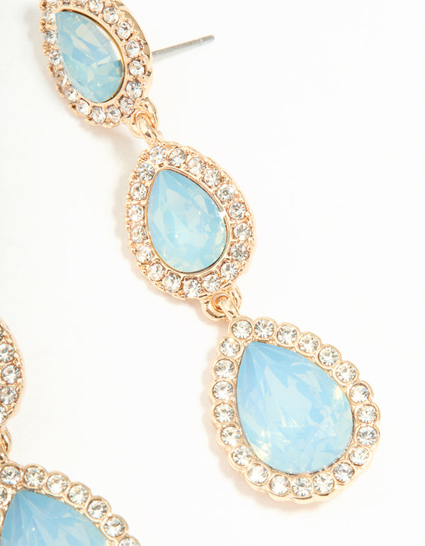 Gold Blue Diamante Pear Drop Earrings