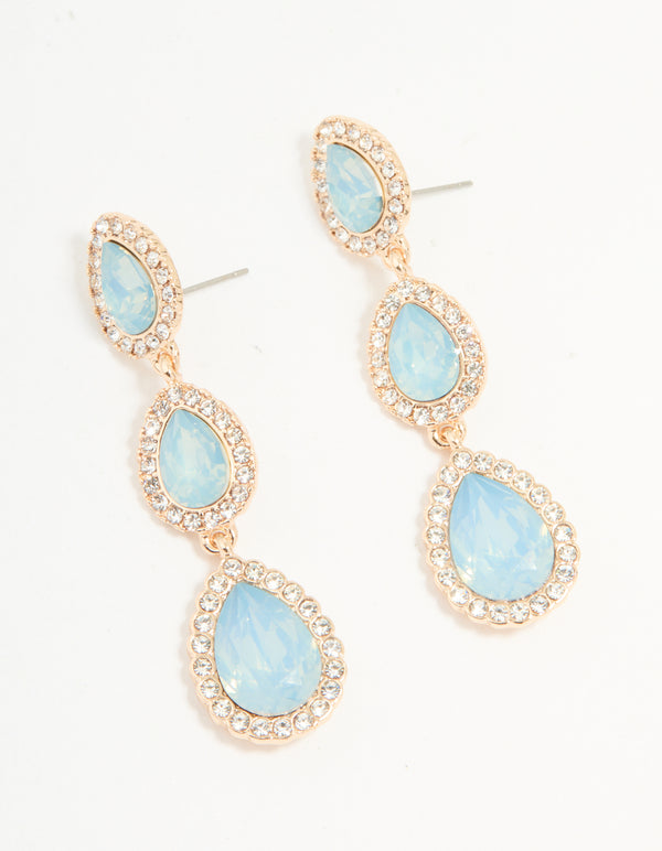 Gold Blue Diamante Pear Drop Earrings