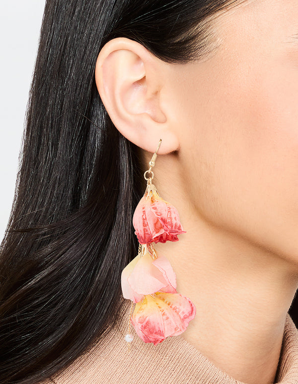 Pink Fabric Flower Drop Hook Earrings