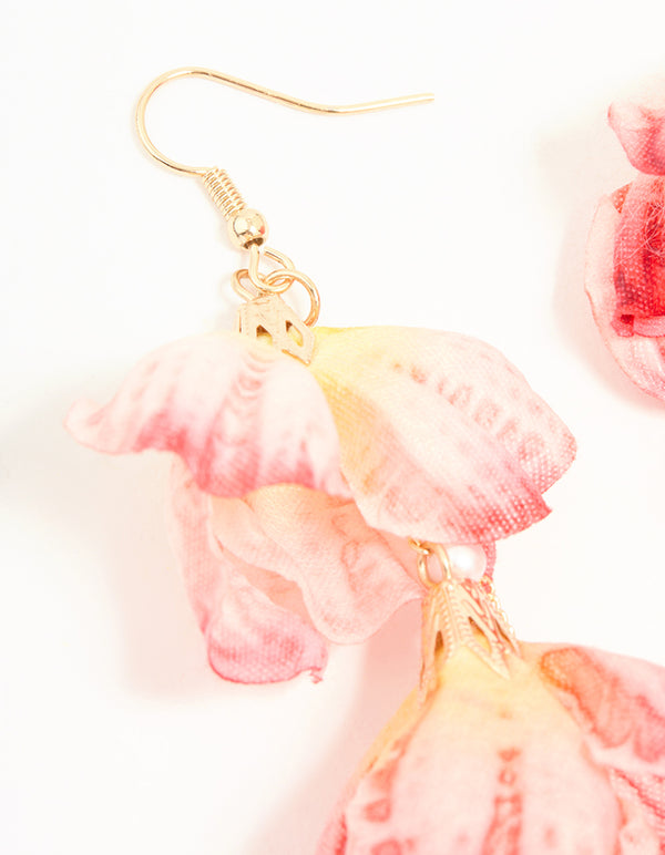 Pink Fabric Flower Drop Hook Earrings