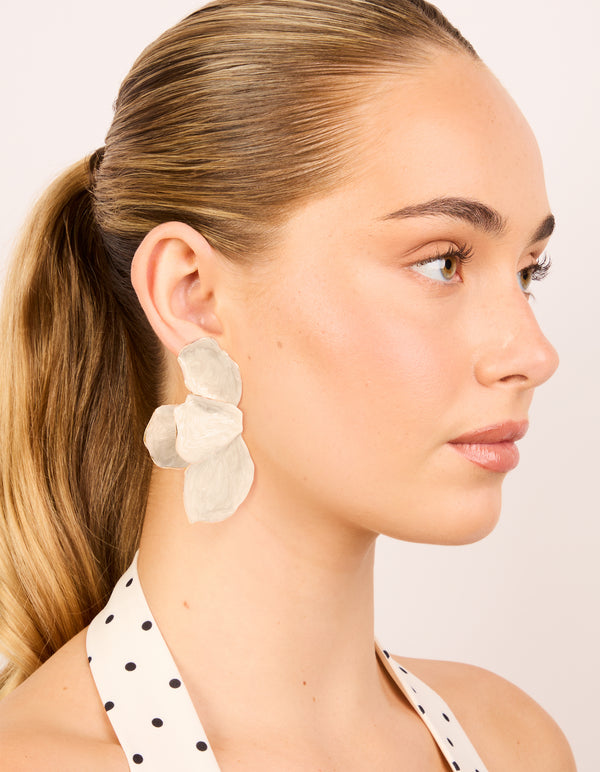 Gold Cream Enamel Organic Flower Stud Earrings