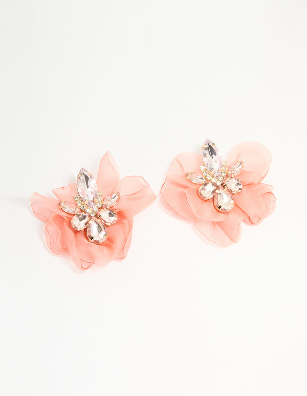 Pink Fabric Diamante Marquise Cluster Flower Petal Earrings