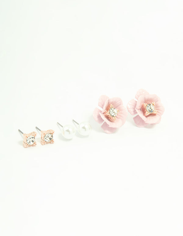 Rose Gold Diamante Pearl & Flower Stud Earrings 3-Pack