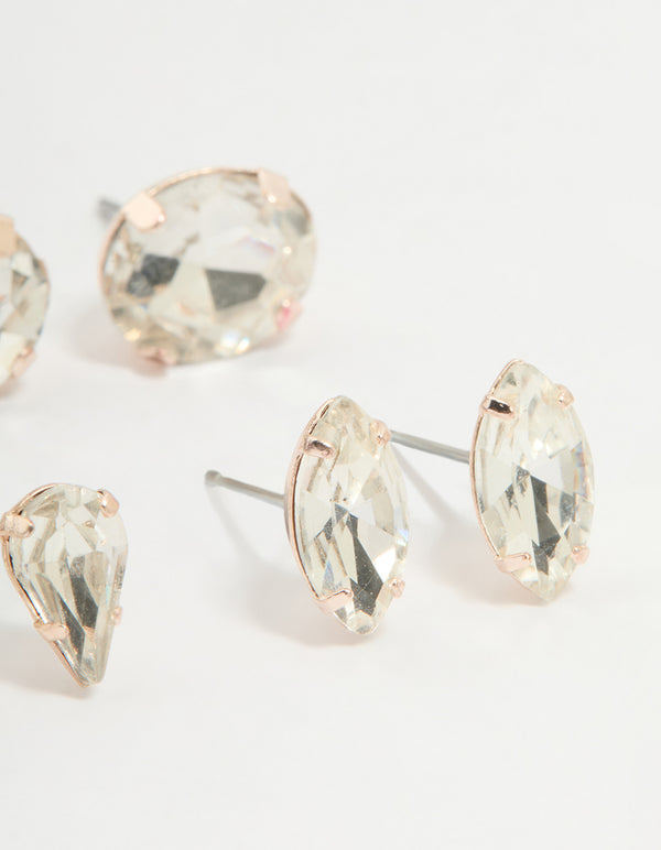 Rose Gold Diamante Mixed Cut Stud Earrings 5-Pack