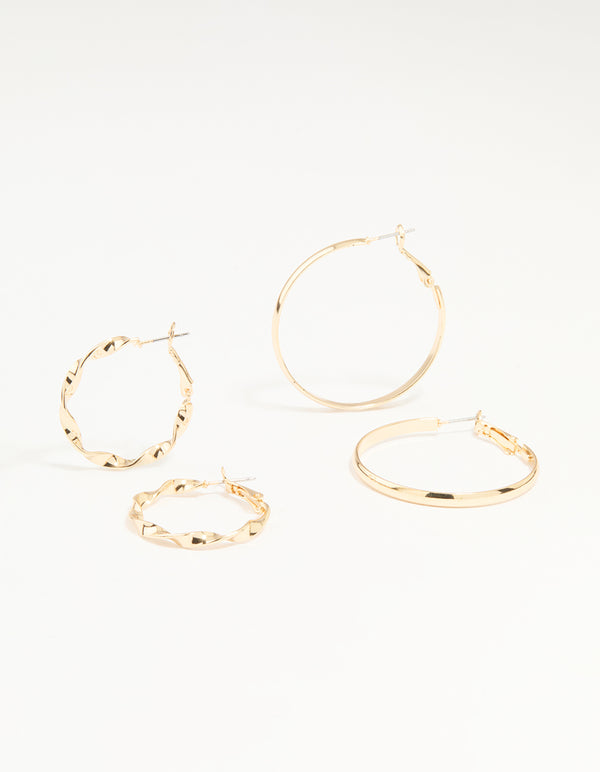 Gold Twisted & Plain Hoop Earrings 2-Pack