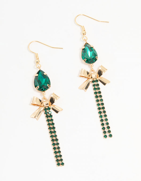 Gold Green Diamante Bow Cupchain Drop Earrings