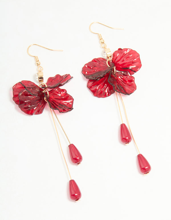 Gold Red Beaded & Diamante Flower Drop Earrings