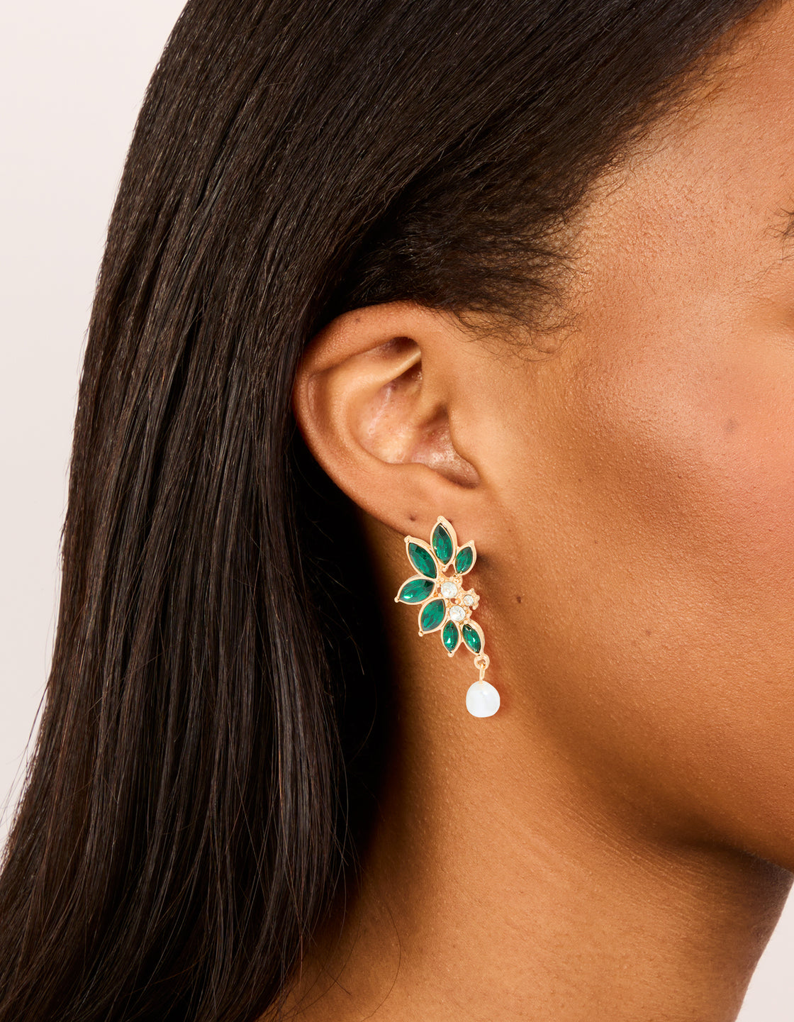 Gold Green Diamante & Pearl Marquise Stud Earrings