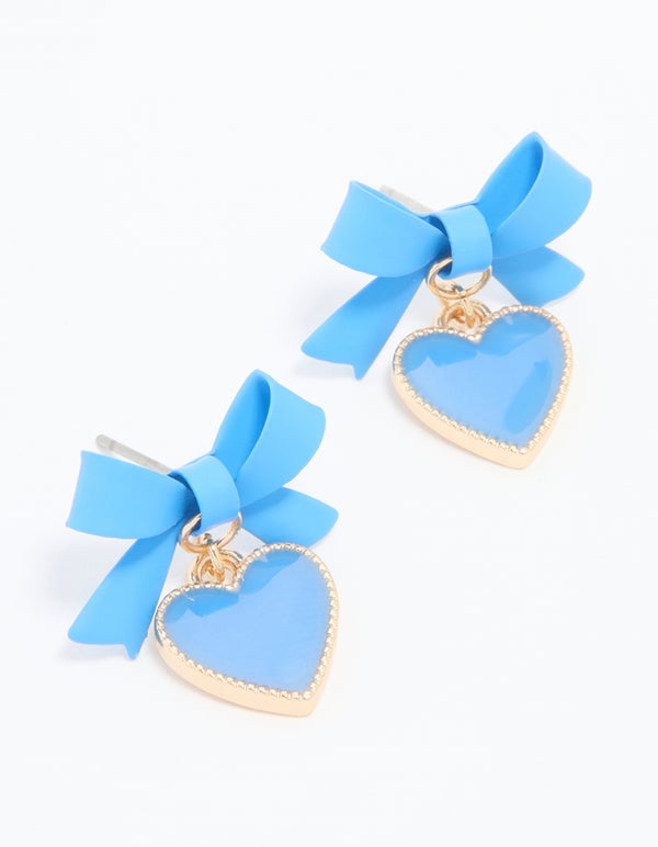 Gold Blue Coated Metal Bow Heart Drop Earrings