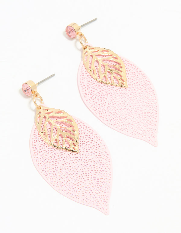 Gold Pink & Filigree Leaf Drop Earrings