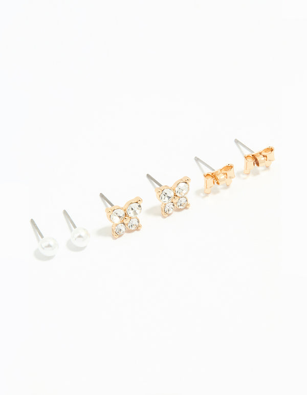 Gold Diamante & Butterfly Stud Earrings 3-Pack