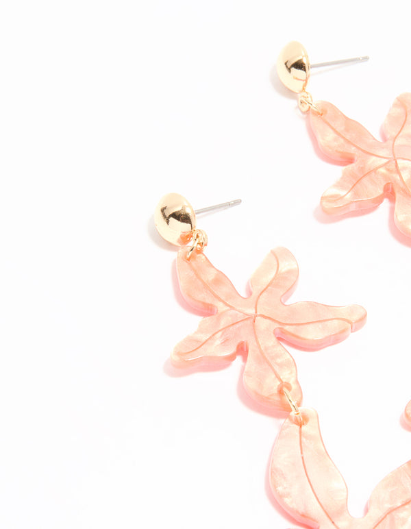 Gold Pink Acrylic Flower Layered Drop Earrings